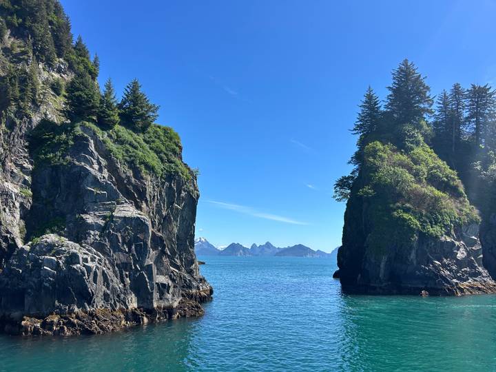 Rocky spruce-covered cliffs frame a vivid blue strait leading toward snow-capped mountains under a clear sky.