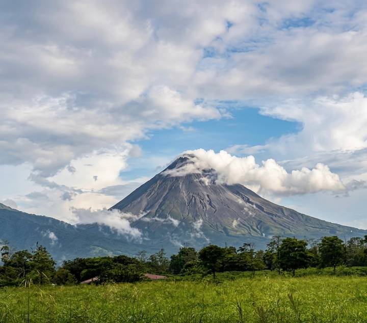 Towering conical volcano with wisps of cloud against a blue sky and lush foreground trees.