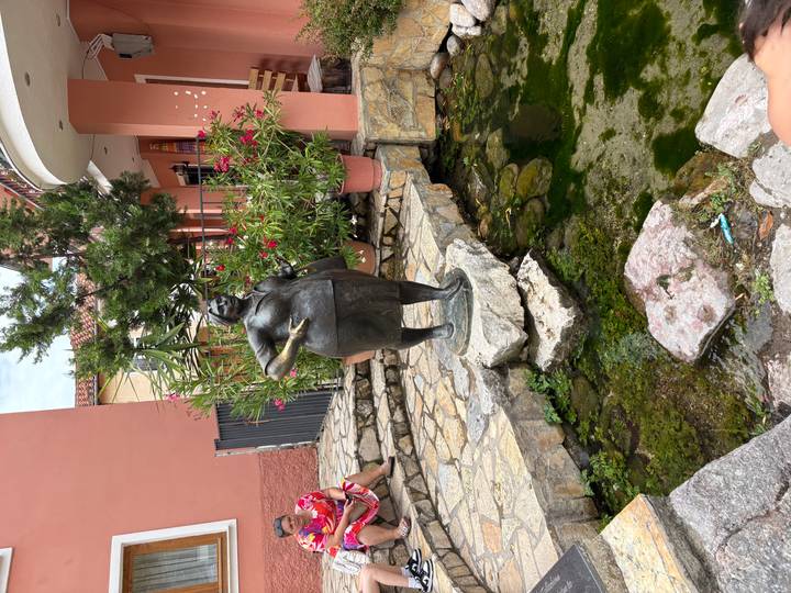 A bronze statue of a woman stands by a small garden pond in a courtyard with potted plants.