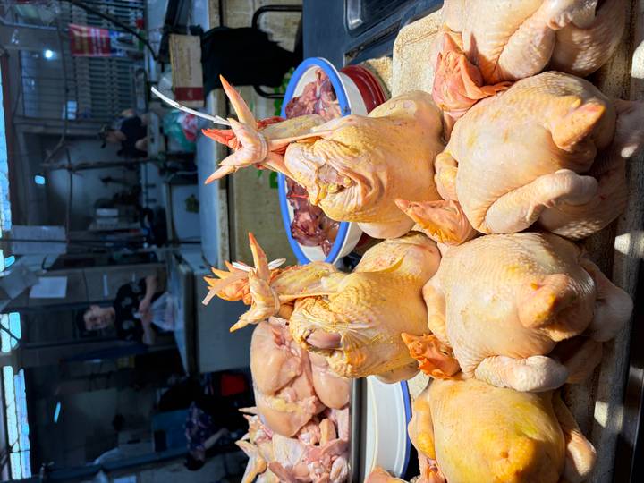 Market stall displaying plucked chickens artfully arranged with vendors working in the background.