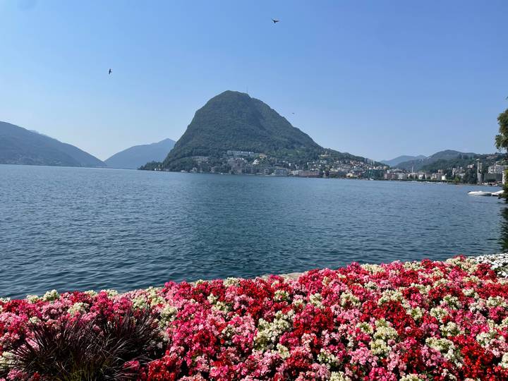 Bright lake with colorful flower bed in the foreground and a prominent green mountain rising behind a lakeside town.