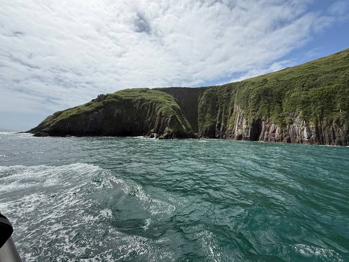 Deep turquoise sea and steep green sea cliffs viewed from a moving boat