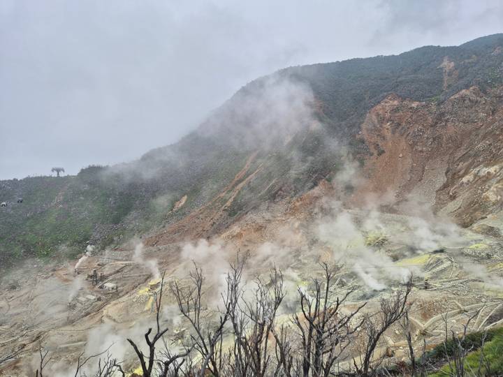Steaming volcanic valley with sulphur vents and rugged mountain slopes in the mist.