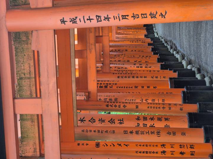 Long perspective through endless vermilion torii gates of Fushimi Inari with kanji inscriptions.