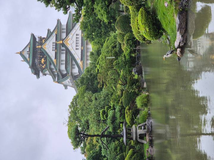 Osaka Castle rises above manicured gardens and a tranquil moat with a heron perched by the water.