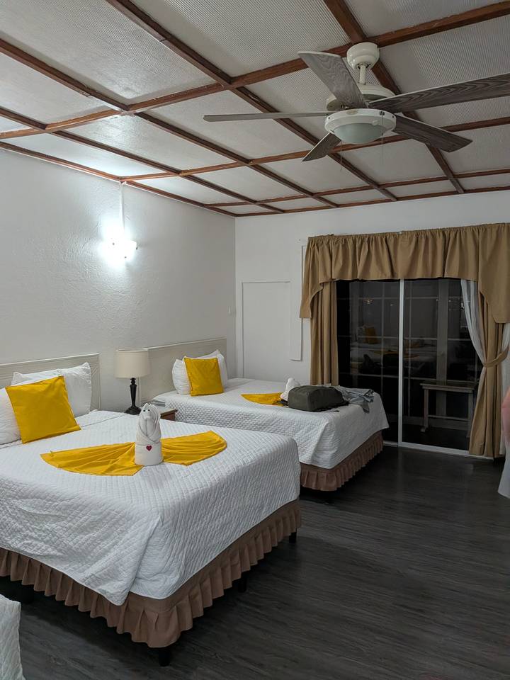 Neat hotel room with two twin beds, yellow accents and folded towel animal.