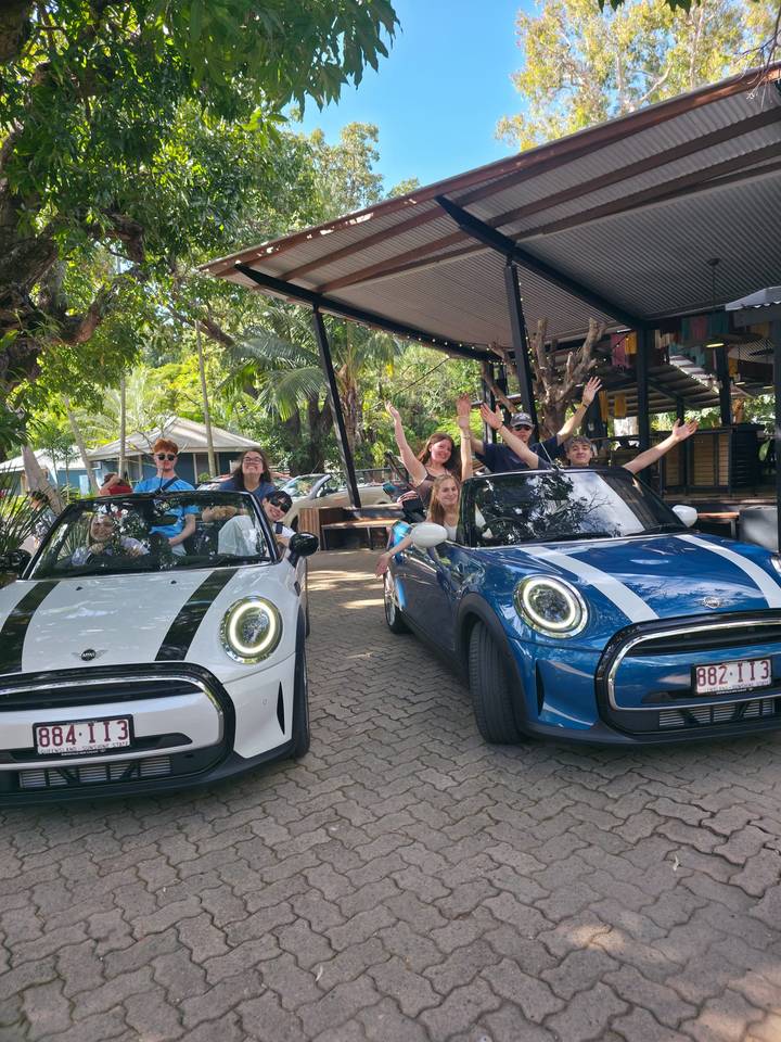 Group celebrates beside two colourful Mini convertibles under tropical trees