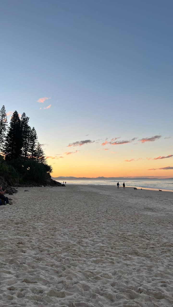 Wide sandy beach at sunset with distant walkers, pastel clouds, and tall pine trees framing the left edge