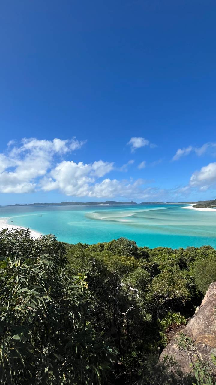 Panoramic view over Whitehaven Beach with swirling white sand bars and vivid turquoise water under a blue sky