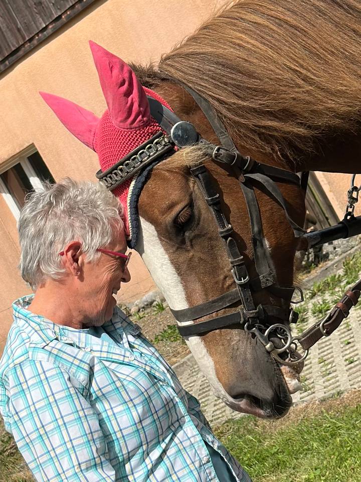 Older woman affectionately touching foreheads with a brown carriage horse fitted with tack and a red ear bonnet outside a building.