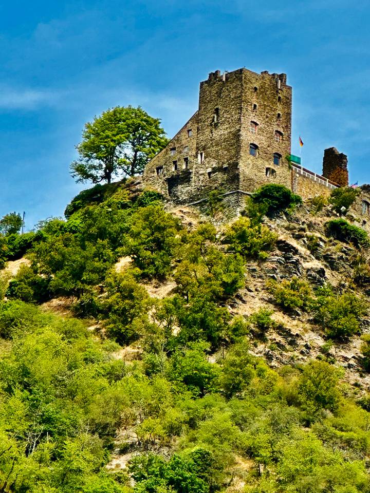 Stone castle ruin perched on a lush, steep hillside covered in green shrubs and trees under bright summer light.