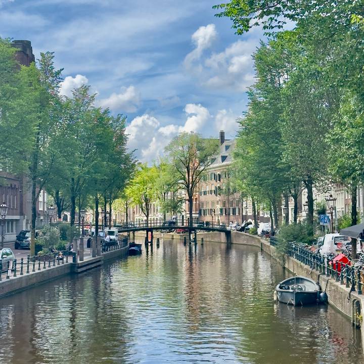 Sunny view of a tree-lined Amsterdam canal with arched pedestrian bridge and quaint houses reflected in calm water.