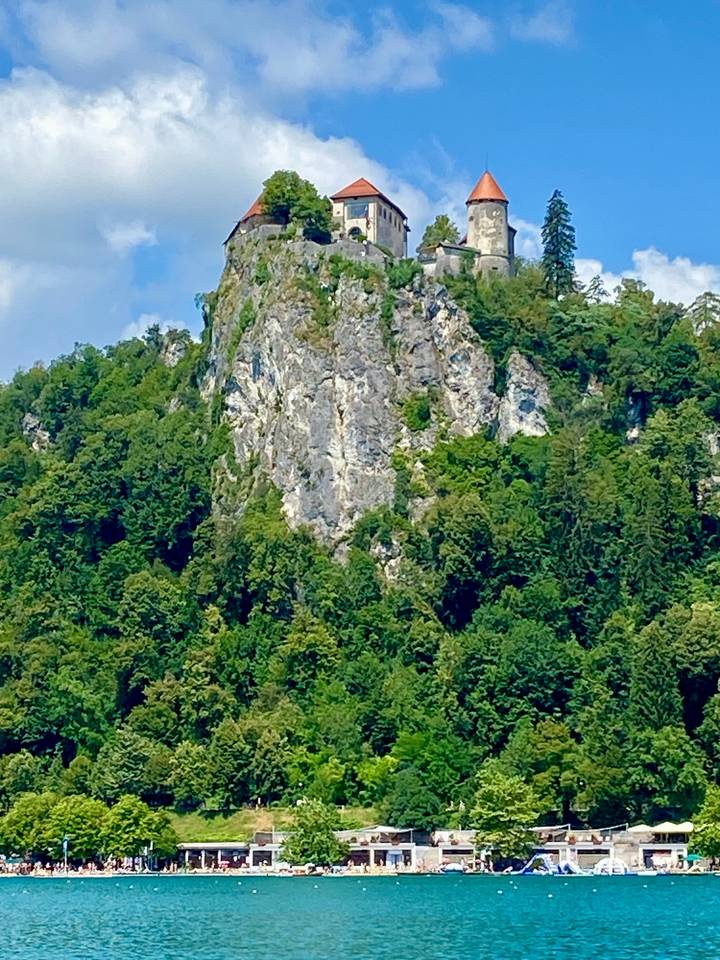 Steep limestone cliff densely covered in green forest rising against a blue sky.