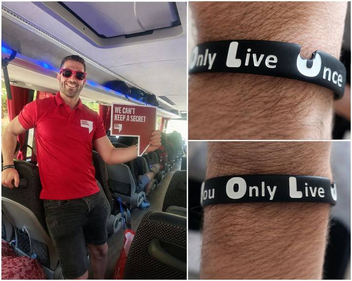 Collage showing a tour leader on a coach with a playful sign and close-ups of YOLO wristbands