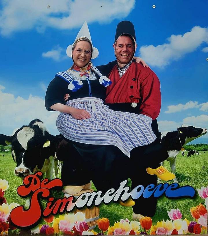 Humorous staged photo of traditional Dutch costume figures sitting on cows in a pastoral scene