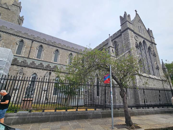 Exterior of St Patrick’s Cathedral Dublin behind black iron railings and leafy tree
