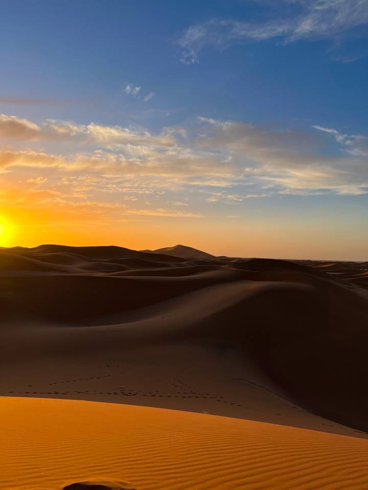 Golden sunset descends over sweeping sand dunes creating long shadows in the desert.