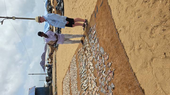 Local fisherman shows rows of drying fish on a beach mat to a tourist under a cloudy sky.