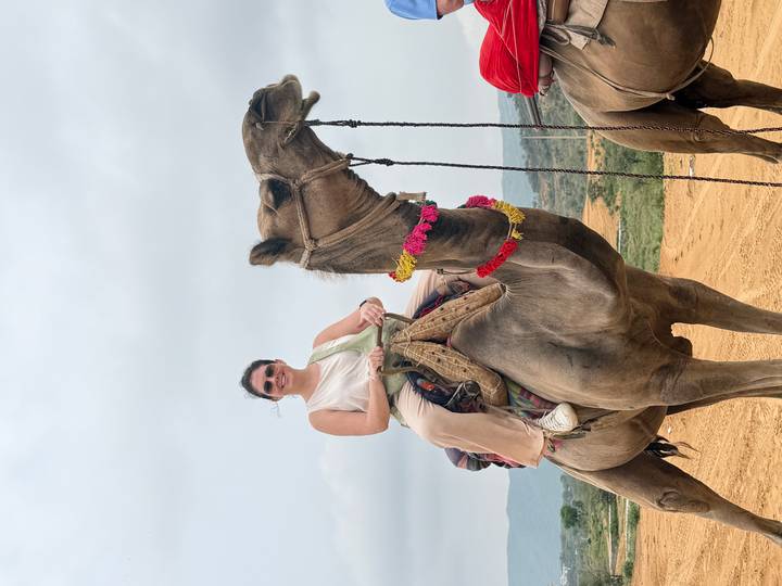 Traveler riding a decorated camel across sandy terrain with hills in the background.