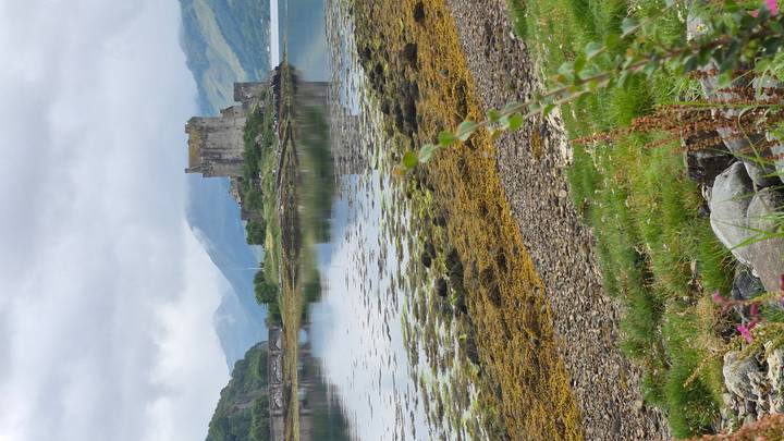 Eilean Donan Castle reflected in a still loch with seaweed-covered shore and misty highland backdrop.