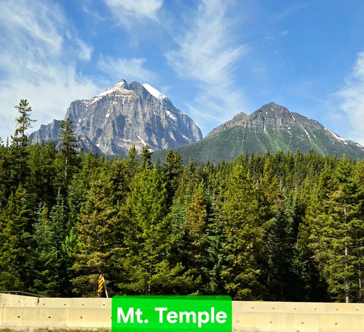 Twin Canadian Rockies peaks rise above thick evergreen forest under wispy clouds.