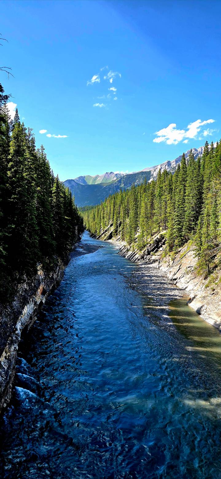 Narrow blue river cuts through steep forested canyon with sunlit peaks in distance.