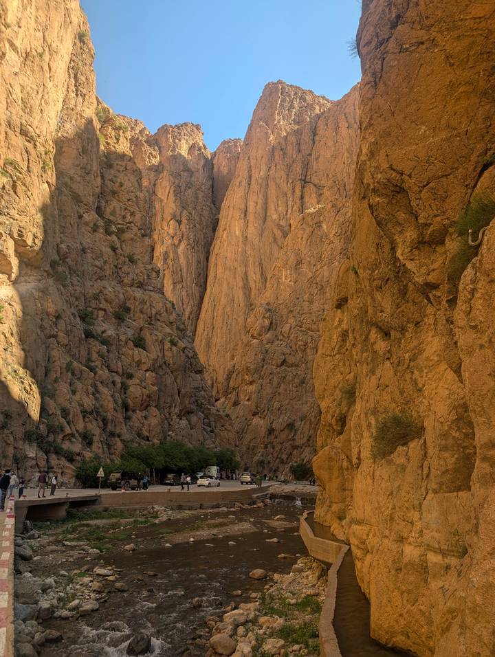 Towering sheer rock walls of a narrow gorge with warm light and small patches of greenery