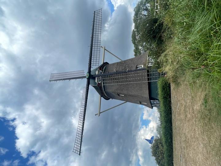 Traditional Dutch windmill with thatched base under a moody sky over grassy landscape.