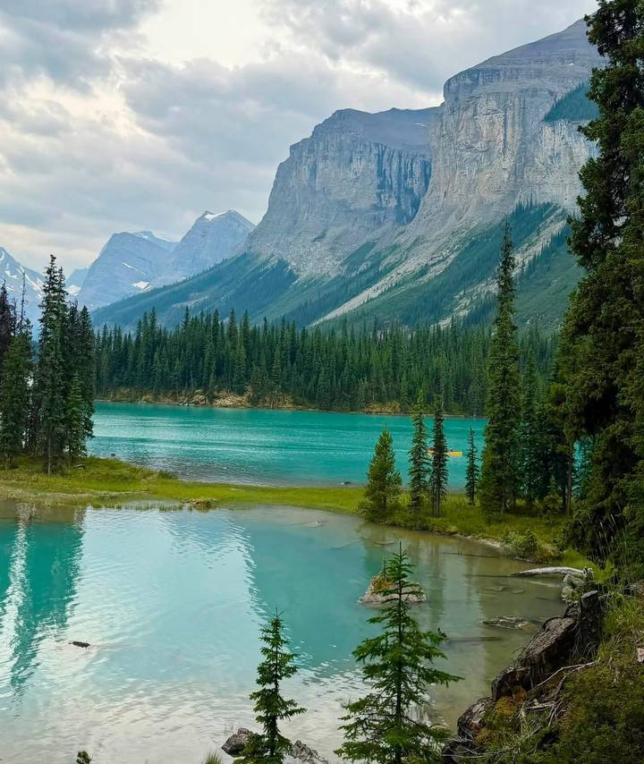 Turquoise alpine lake surrounded by dense pine forest with rugged peaks in the distance.
