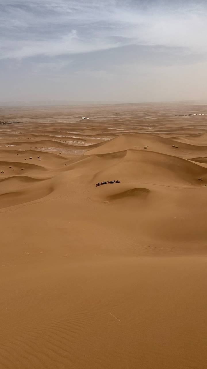 Tiny camel caravan crosses vast rolling sand dunes in a remote desert landscape.