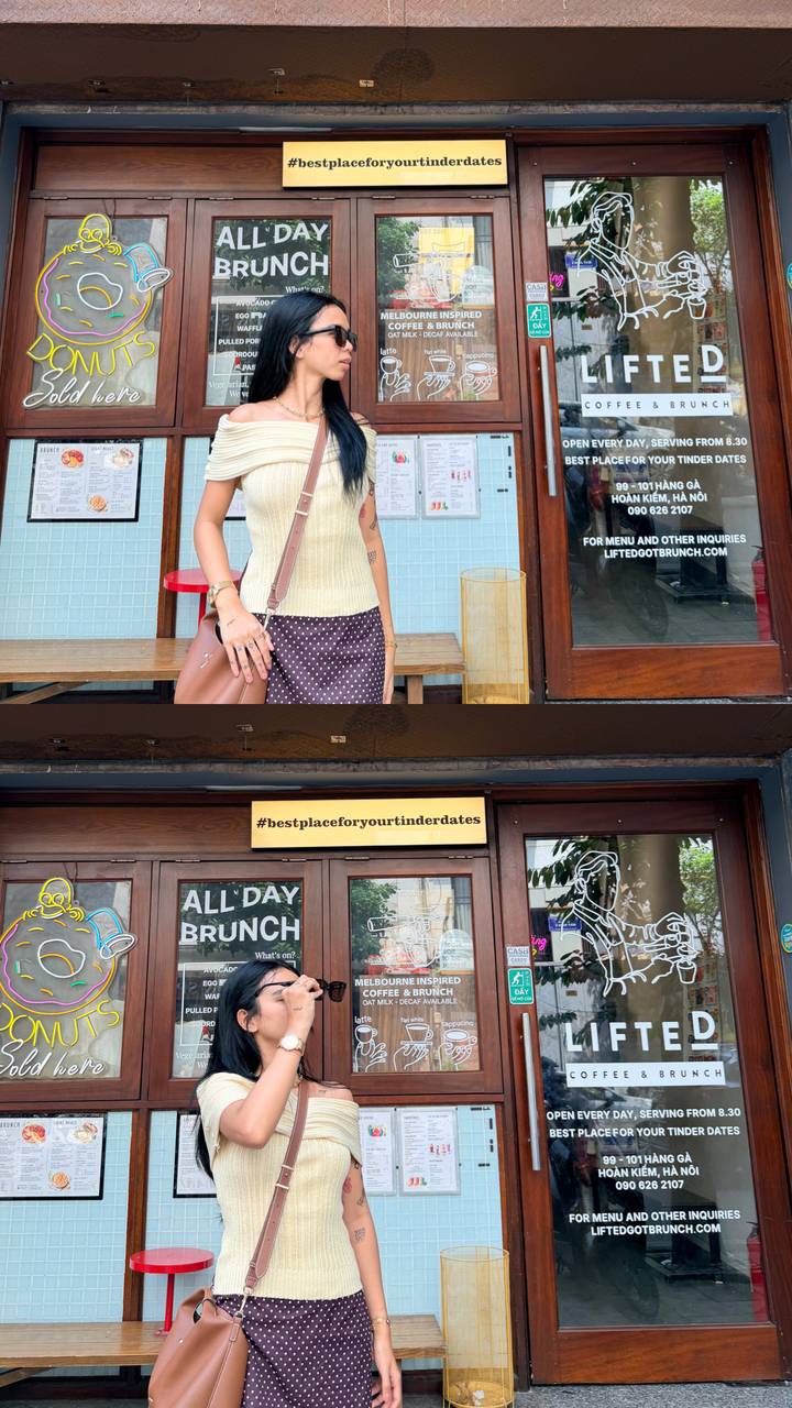 A woman stands outside a Hanoi cafe; below, a shopfront sign reads #bestplaceforyourtinderdates.