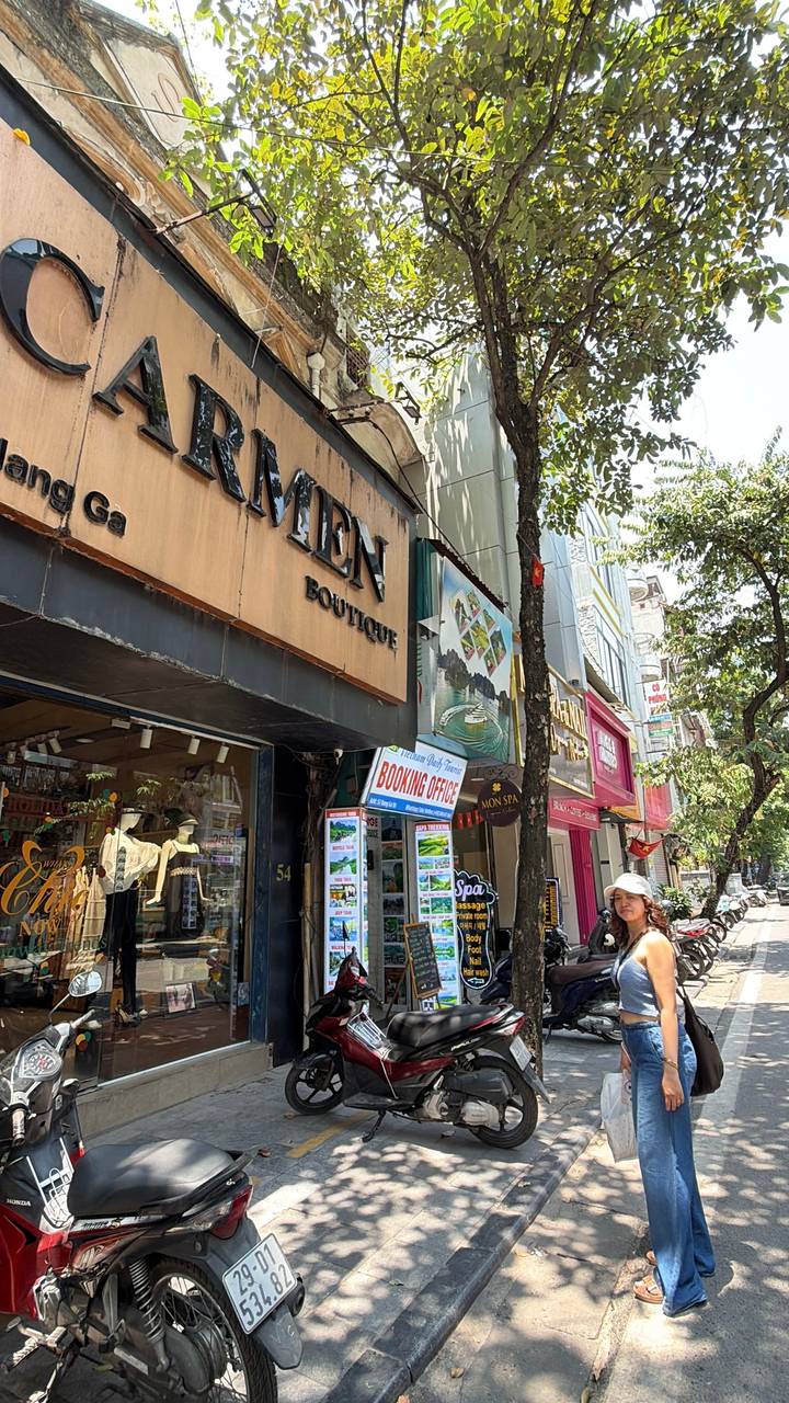 A bustling Vietnamese street with boutique signs, booking tour posters, and a pedestrian in a sun hat.