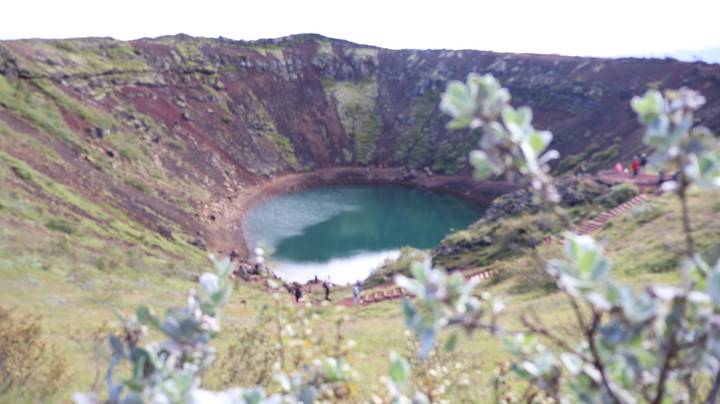 Blurry foreground leaves frame Kerid volcanic crater lake with red slopes in Iceland.