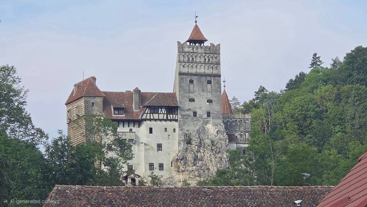 Front view of Bran Castle rising above leafy forest, photographed from below the tiled village rooftops.