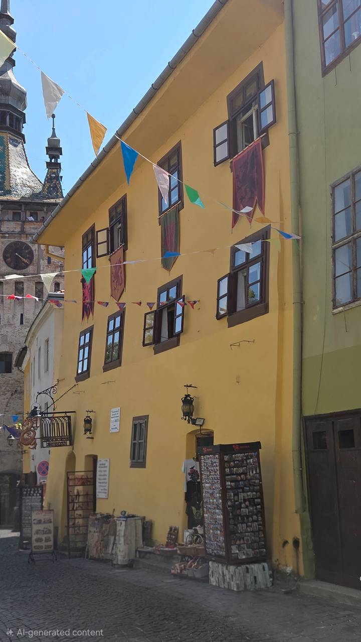 Bright yellow medieval house decorated with colourful pennants and open wooden windows on a narrow street.