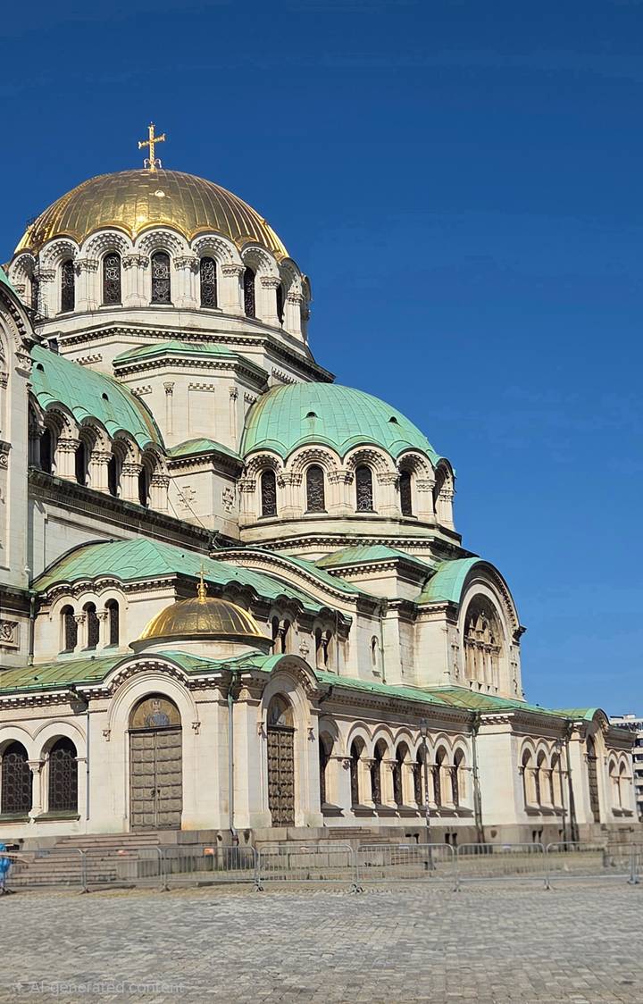 Close crop of the green-domed Alexander Nevsky Cathedral with ornate arches against a deep blue sky.