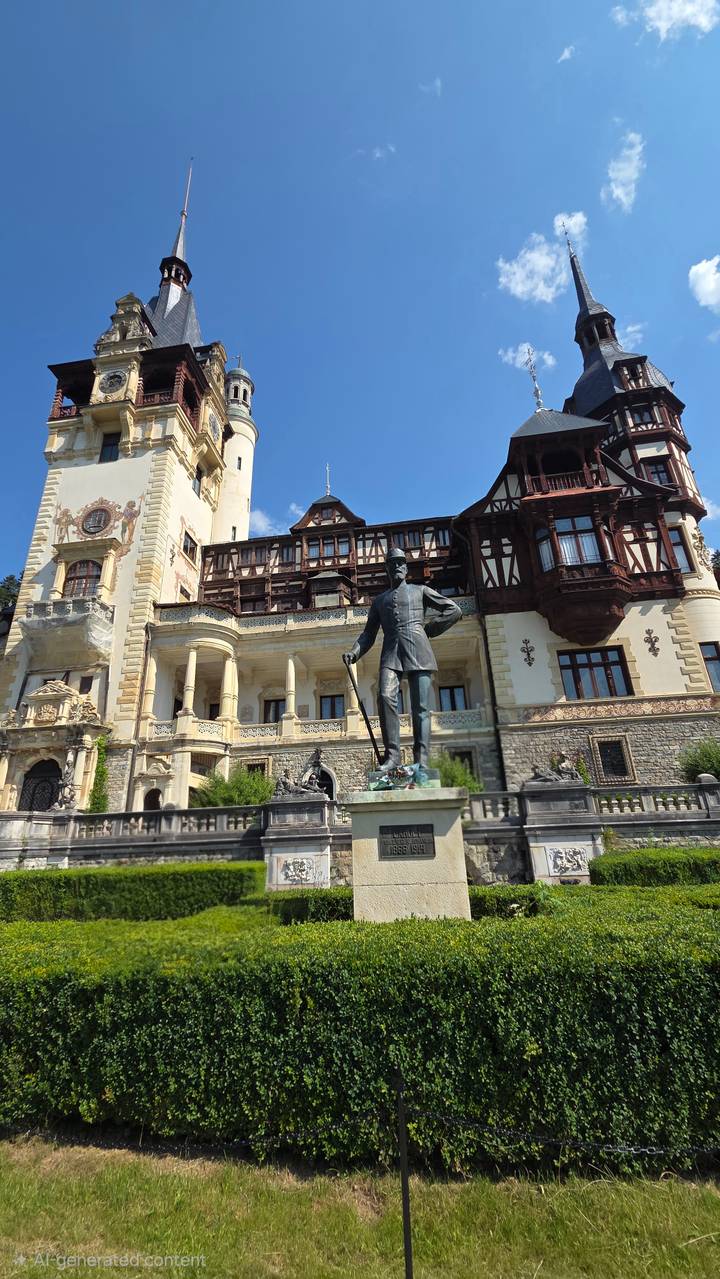 Ornate neo-Renaissance façade of Peleș Castle with bronze statue in front under bright summer sky.