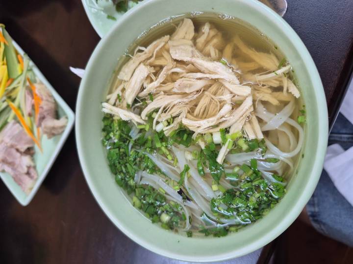 Bowl of steaming chicken pho garnished with spring onion and herbs