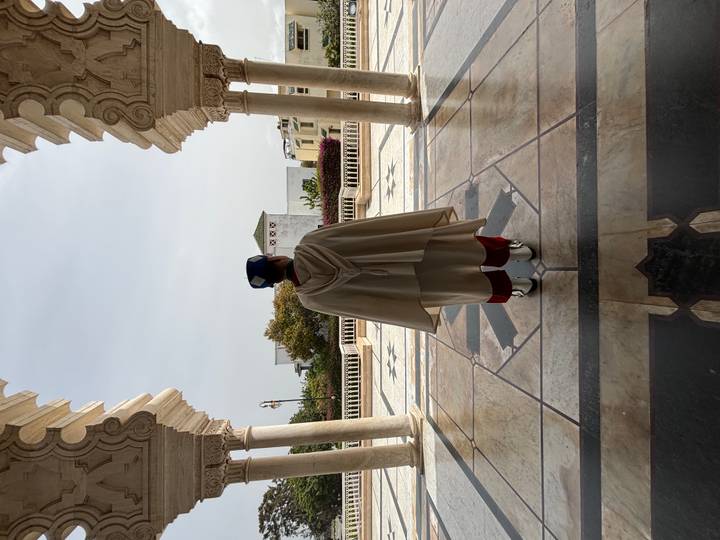 Ceremonial guard in traditional cloak stands between ornate marble arches overlooking a palace courtyard.