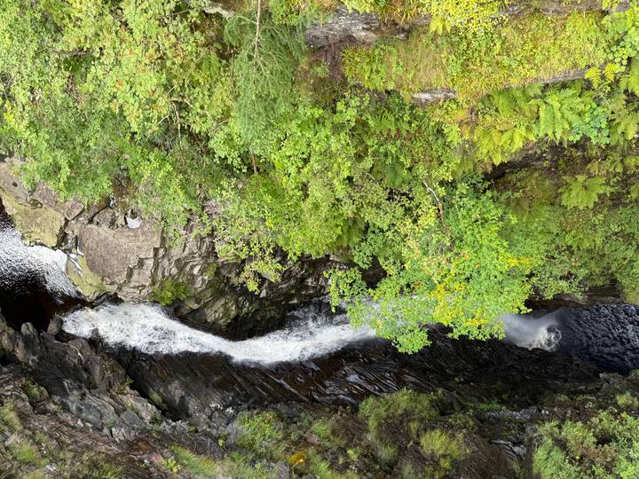 Narrow waterfall plunging through a rocky gorge surrounded by dense green vegetation viewed from above.