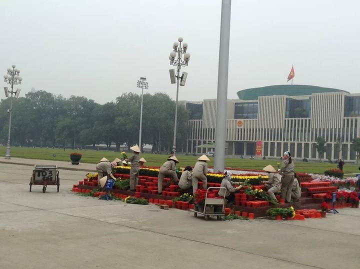Workers in conical hats arranging red flower pots in large plaza opposite government building.