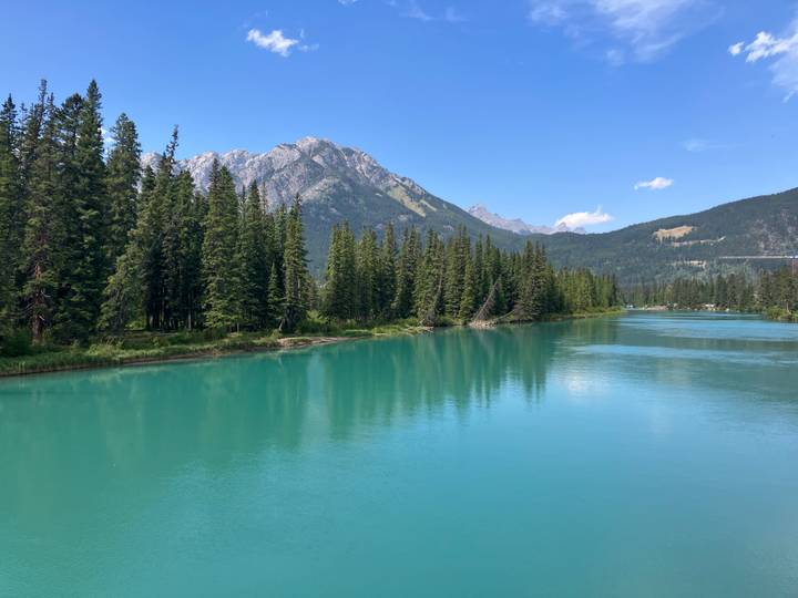 Turquoise river winding through pine forests with rugged Rocky Mountain peaks under clear blue sky.