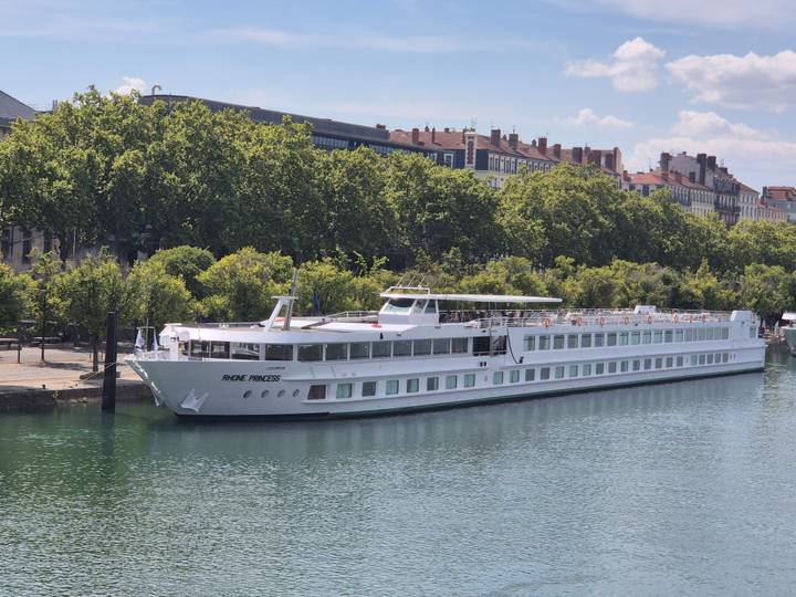 A long white river cruise ship is moored along a tree-lined quay in a European city.