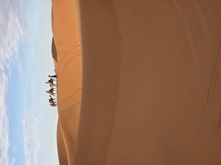 Caravan of camels with riders silhouetted atop towering orange Sahara dunes.