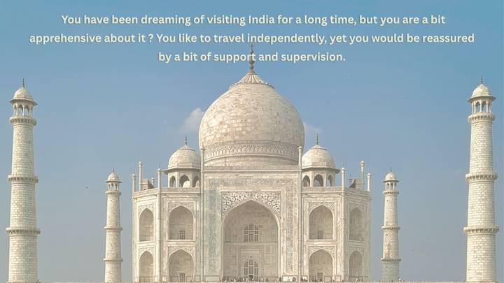 Promotional slide with Taj Mahal photo and overlaying white text