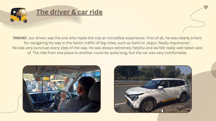 Slide about the driver and car ride with two photos and explanatory text