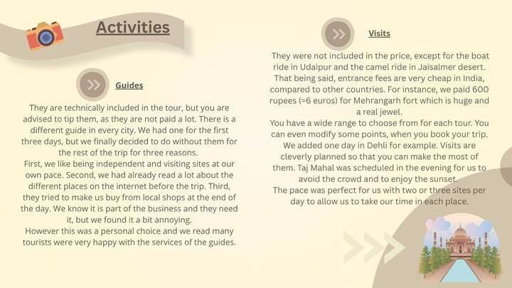 Slide detailing activities, guides and visits with dense beige text background