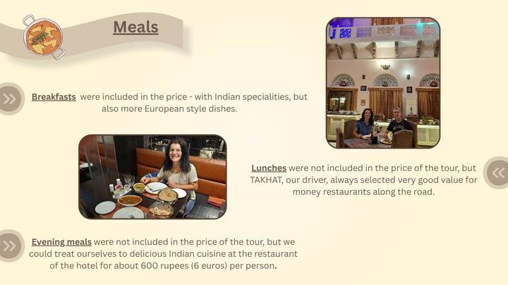 Presentation slide about meals with dining photos and explanatory captions
