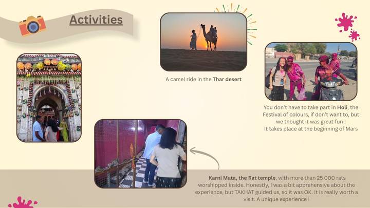 Collage slide showing camel ride, Holi festival, temple interior and other activities with descriptive text.