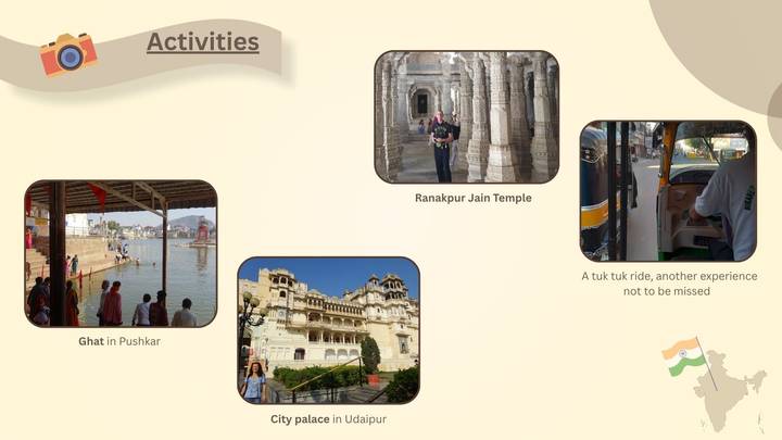 Presentation slide of various Indian landmarks like Ranakpur Jain Temple and City Palace with text labels.